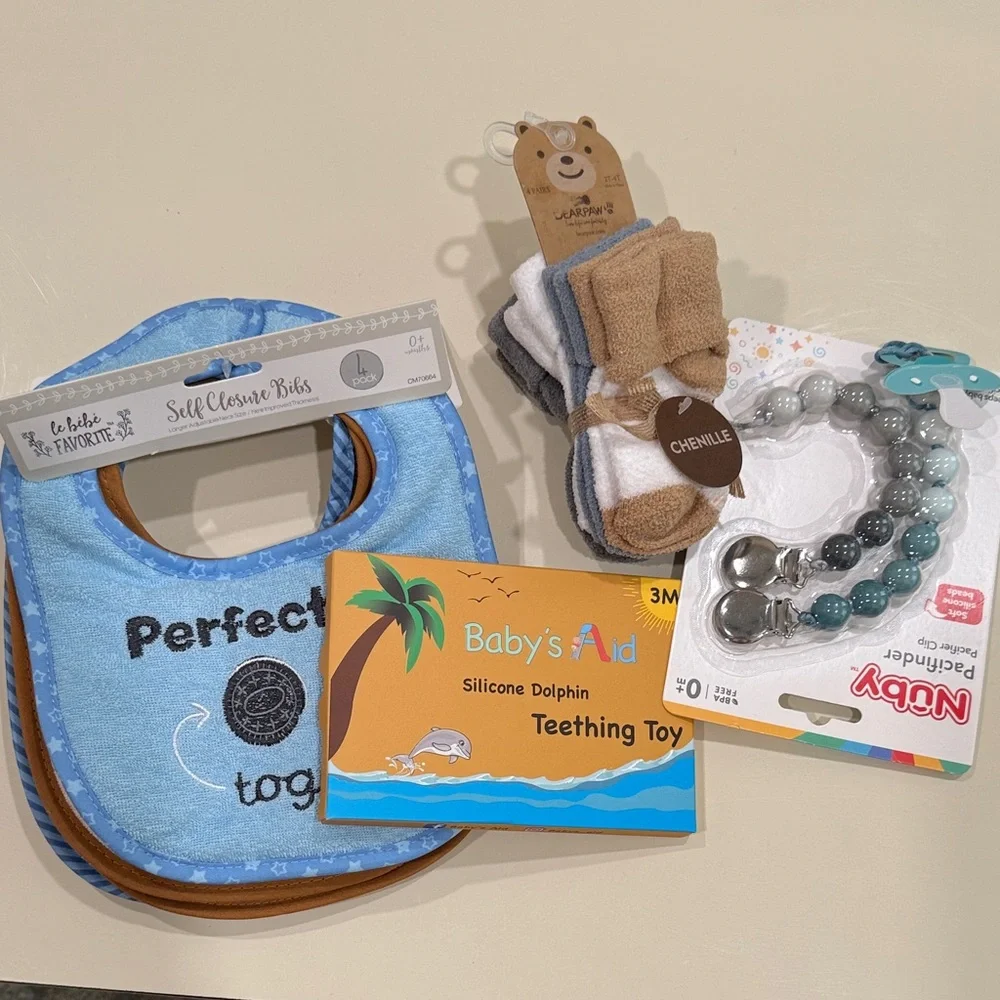 Blue Baby Bib Pack with Silicone Dolphin Teether and Neutral Chenille Socks